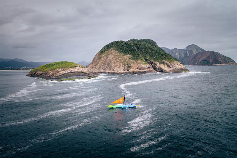 The Ocean Race 2022-23 - 29 April , Leg 4 Day 6 onboard Team Holcim - PRB. Drone image of Team Holcim PRB arriving to Rio de Janeiro with their jury-rig and motor - photo © Georgia Schofield | polaRYSE / Holcim - PRB / The Ocean Race
