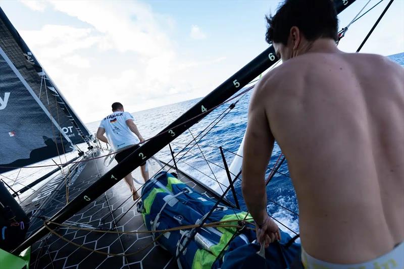 The sail changes with the entry of the trade winds required a lot of work on the foredeck - photo © Gauthier Lebec / GUYOT environnement - Team Europe