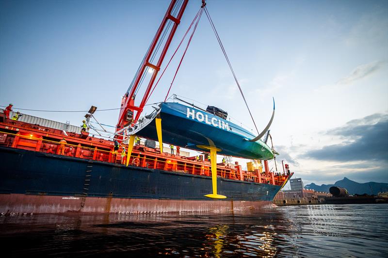 The Ocean Race 2022-23 - 2 May , Leg 4 Day 9 onboard Team Holcim - PRB. Team Holcim - PRB gets loaded into a cargo in Rio de Janeiro to travel to Newport on time for the start of Leg 5, after dismasting on Day 4 of Leg 4 - photo © Georgia Schofield | polaRYSE / Holcim - PRB / The Ocean Race