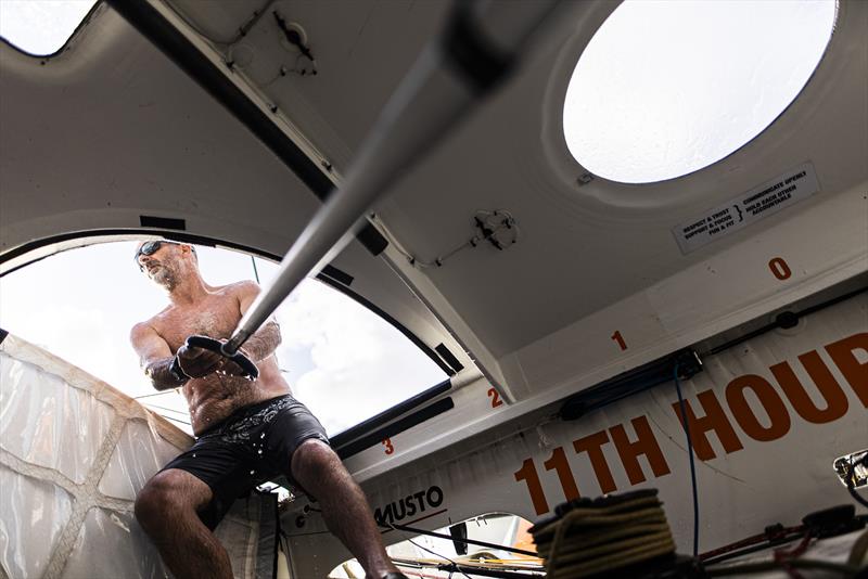 The Ocean Race 2022-23 - May 04, Leg 4 Day 11 onboard 11th Hour Racing Team. Damian Foxall steering Malama by hand in strong winds while the autopilot compass needs resetting - photo © Amory Ross / 11th Hour Racing / The Ocean Race