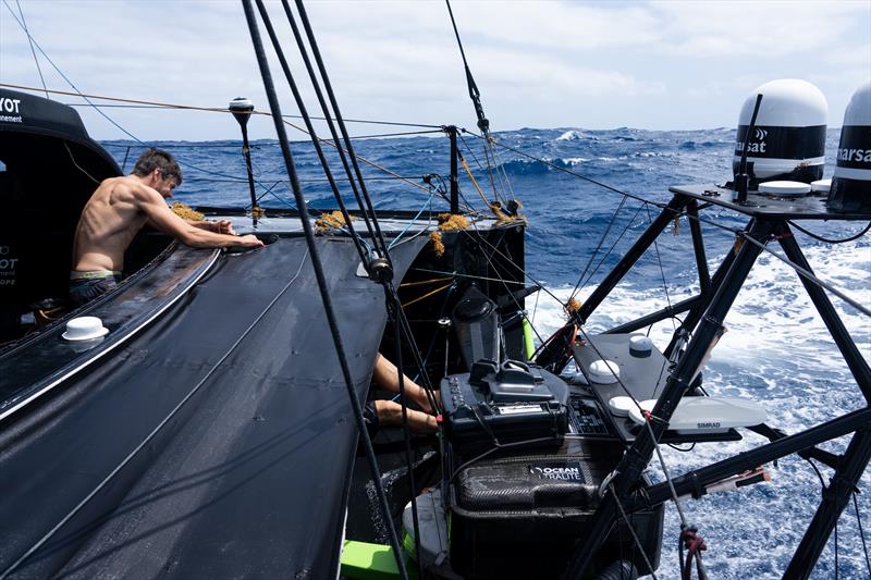 The Ocean Race 2022-23 - 4 May , Leg 4 Day 12 onboard GUYOT environnement - Team Europe. Sargassum seaweed covers the stern of the boat - photo © Gauthier Lebec / GUYOT environnement - Team Europe / The Ocean Race