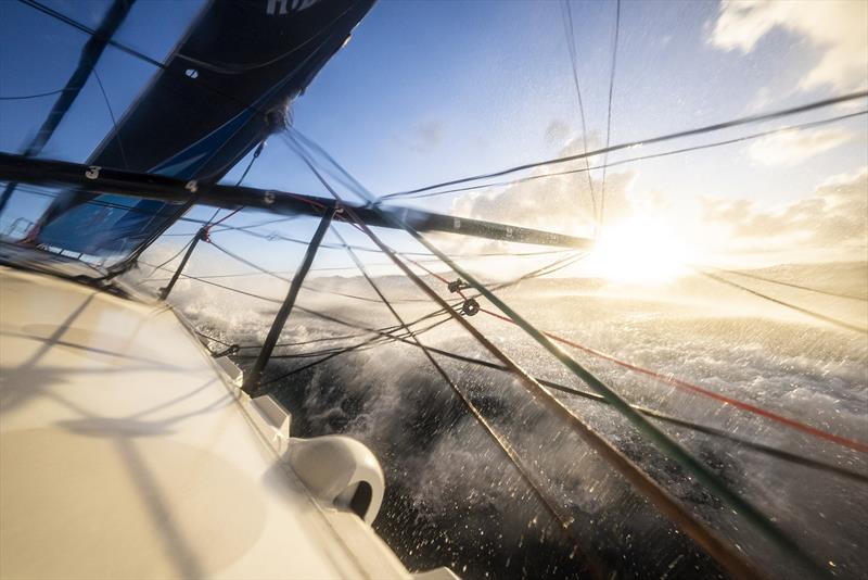 The Ocean Race 2022-23 - May 07, Leg 4 onboard 11th Hour Racing Team. Malama going upwind at sunrise in a messy sea state - photo © Amory Ross / 11th Hour Racing / The Ocean Race