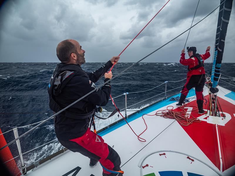 The Ocean Race 2022-23 - 8 May , Leg 4 Day 15 onboard Team Malizia, crossing a weather front on their way to Newport. Nicolas Lunven and Rosalin Kuiper working on deck photo copyright Antoine Auriol / Team Malizia / The Ocean Race taken at  and featuring the IMOCA class