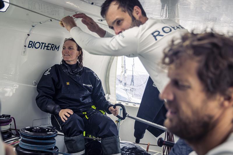 The Ocean Race 2022-23 - 9 May , Leg 4 day 16 onboard Biotherm. Marie Riou steering during an autopilot test - photo © Anne Beauge / Biotherm / The Ocean Race