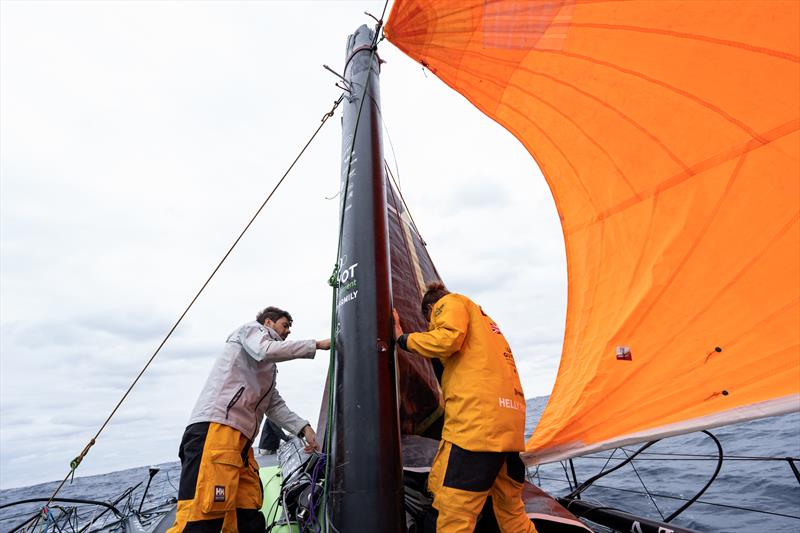 The Ocean Race 2022-23 - 9 May , Leg 4 onboard GUYOT environnement - Team Europe. Annie Lush and Sébastien Simon preparing the storm jib at the bow for the jury-rig - photo © Gauthier Lebec / GUYOT environnement - Team Europe / The Ocean Race