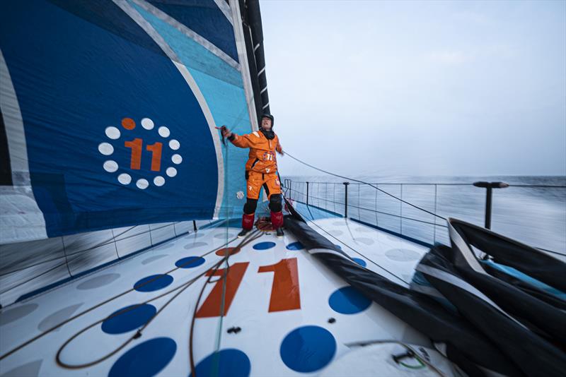 The Ocean Race 2022-23 - Leg 5, May 18 . The first day of Leg 5 leaving Newport, Rhode Island. Justine Mettraux managing new and old sheets on the bow before a sail change - photo © Sailing Energy / The Ocean Race