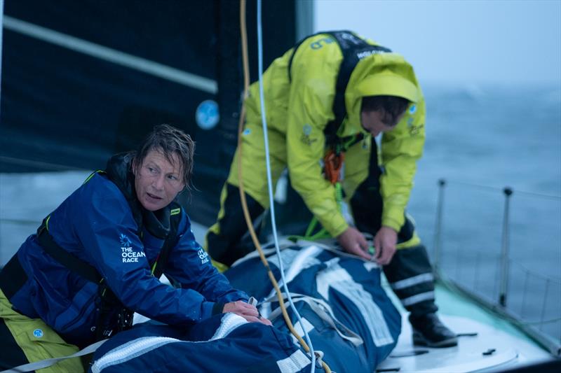 The Ocean Race 2022-23 - 24 May 2023, Leg 5 Day 3 onboard Team Holcim - PRB. Abby Ehler and Sam Goodchild at the bow just after the front to change sails photo copyright Yann Riou | polaRYSE / Holcim - PRB / The Ocean Race taken at  and featuring the IMOCA class