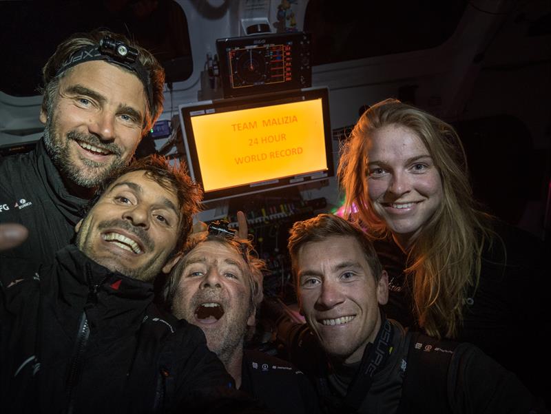 The Ocean Race 2022-23 - 26 May, Leg 5, Day 5 onboard Team Malizia. The crew celebrates that Team Malizia broke the 24h speed record challenge sponsored by Ulysse Nardin at 641.13 nm - photo © Antoine Auriol / Team Malizia / The Ocean Race