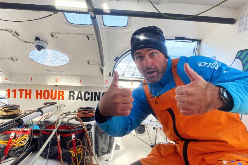 The Ocean Race 2022-23 - 28 May , Leg 5 Day 7 onboard 11th Hour Racing Team. Skipper Charlie Enright showing up a good mood as they lead the fleet full speed to Aarhus - photo © Justine Mettraux / 11th Hour Racing / The Ocean Race
