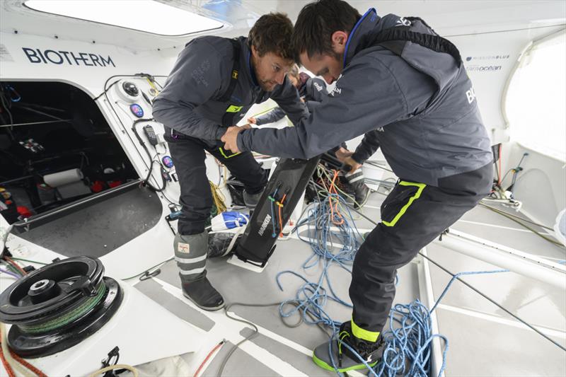 The Ocean Race 2022-23 - 27 May , Leg 5 Day 6 onboard Biotherm. Skipper Paul Meilhat and Alan Roberts on the pedestal photo copyright Ronan Gladu / Biotherm / The Ocean Race taken at Sailing Aarhus and featuring the IMOCA class