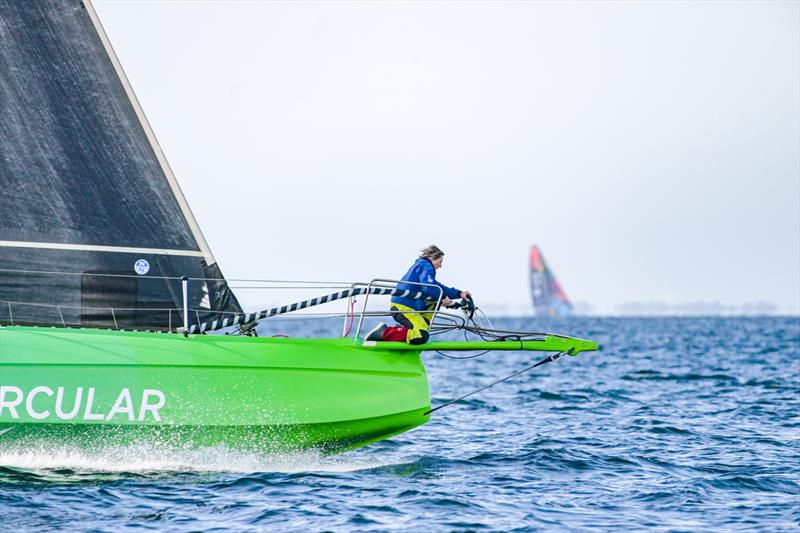 The Ocean Race 2022-23 - 29 May . Arrivals Leg 5 in Aarhus, Denmark. Team Holcim - PRB arriving to Aarhus. Abby Ehler at the bowsprit photo copyright Sailing Energy / The Ocean Race taken at Sailing Aarhus and featuring the IMOCA class