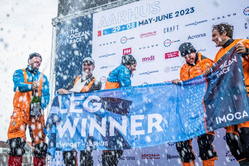 11th Hour Racing Team on stage after winning The Ocean Race Leg 5 photo copyright Sailing Energy / The Ocean Race taken at  and featuring the IMOCA class