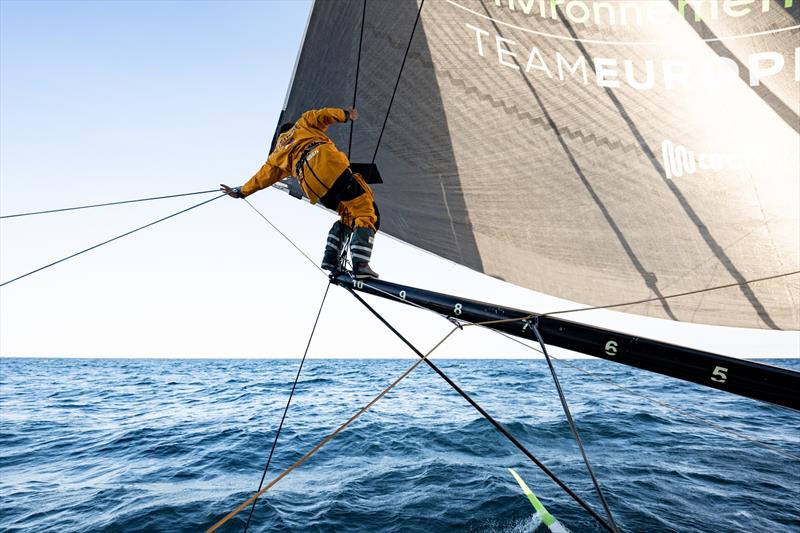 After the repairs in the past weeks, the GUYOT environnement - Team Europe still had some work to do on board, but managed to catch up with the fleet - photo © Gauthier Lebec / GUYOT environnement - Team Europe