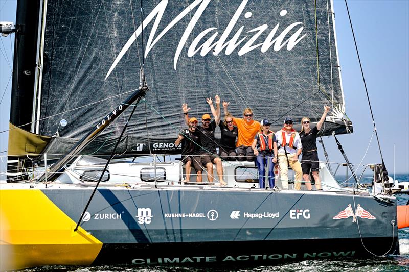 The Ocean Race 2022-23 - 11 June 2023. Team Malizia crossing the finish line in The Hague with King Willem-Alexander and Queen Máxima of The Netherlands onboard photo copyright Sailing Energy / The Ocean Race taken at  and featuring the IMOCA class