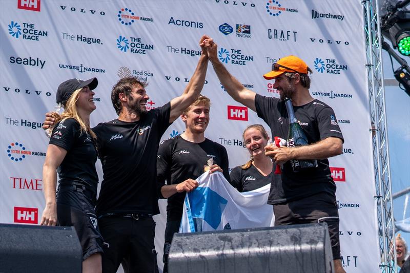 Team Malizia celebrating third place in The Hague - The Ocean Race Leg 6 - photo © Marie Lefloch / Team Malizia