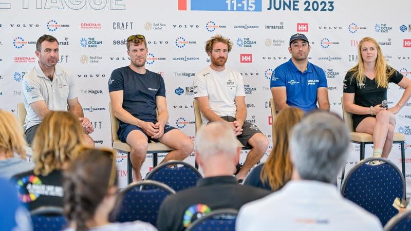 The Ocean Race 2022-23 - IMOCA Skippers Press conference in The Hague. 11th Hour Racing Team, Charlie Enright, Biotherm, Paul Meilhat, GUYOT environnement - Team Europe, Benjamin Dutreux, Team Holcim - PRB, Benjamin Schwartz, Team Malizia, Rosalin Kuiper photo copyright Sailing Energy / The Ocean Race taken at  and featuring the IMOCA class