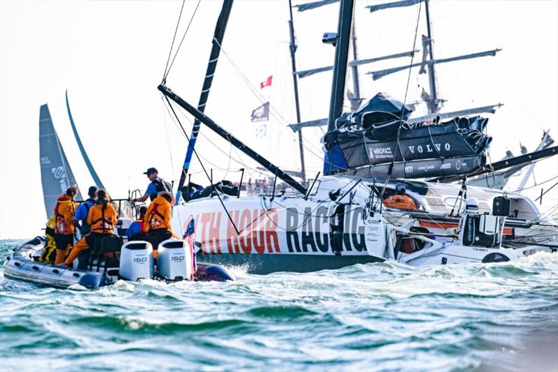 The Ocean Race - 11th Hour Racing Team hit by competitor 17 minutes after start photo copyright Sailing Energy / The Ocean Race taken at  and featuring the IMOCA class