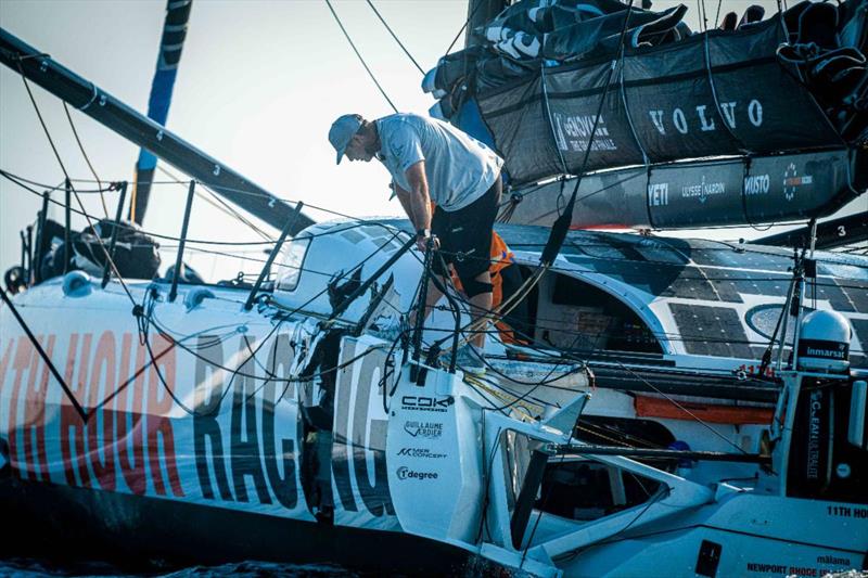 The Ocean Race - 11th Hour Racing Team hit by competitor 17 minutes after start photo copyright Pierre Bouras / 11th Hour Racing / The Ocean Race taken at  and featuring the IMOCA class