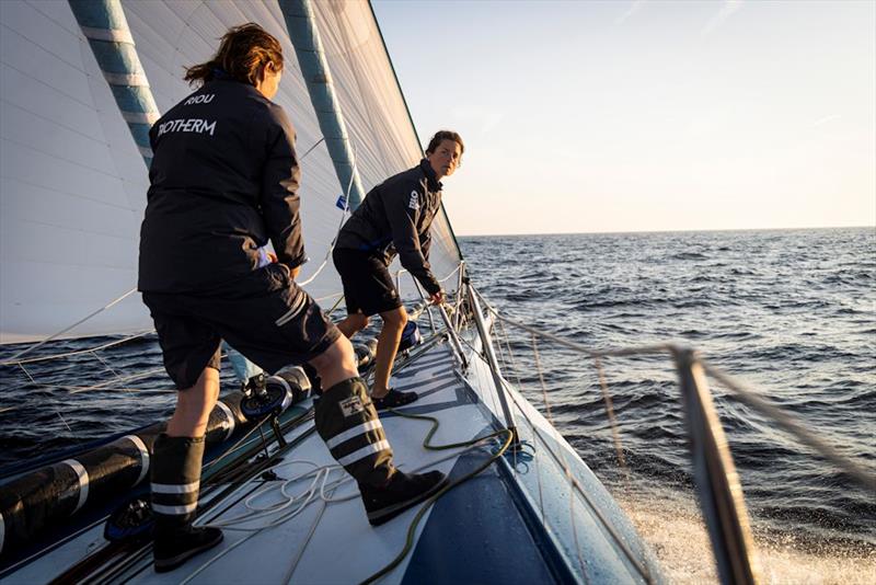 Start day onboard Biotherm in Leg 7 of The Ocean Race - Marie Riou and Mariana Lobato on deck photo copyright Anne Beauge / Biotherm taken at  and featuring the IMOCA class