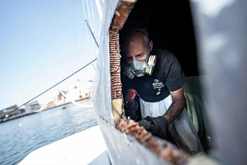 The work on the yacht's hull takes up too much time to sail to Genoa photo copyright GUYOT environnement - Team Europe taken at  and featuring the IMOCA class