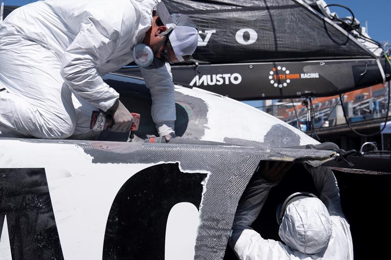 The Ocean Race 2022-23 - Leg 7, June 16, 2023. The 11th Hour Racing Team continues repairs to Malama after a collision during the start of Leg 7 - photo © Amory Ross / 11th Hour Racing / The Ocean Race