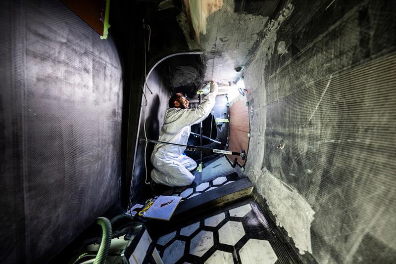 The 11th Hour Racing Team continues repairs after a collision during the start of Leg 7 photo copyright Amory Ross / 11th Hour Racing Team taken at New York Yacht Club and featuring the IMOCA class