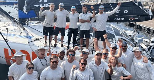 The 11th Hour Racing Team celebrates after their repair is complete following a collision during the start of Leg 7 of The Ocean Race - photo © Amory Ross / 11th Hour Racing Team