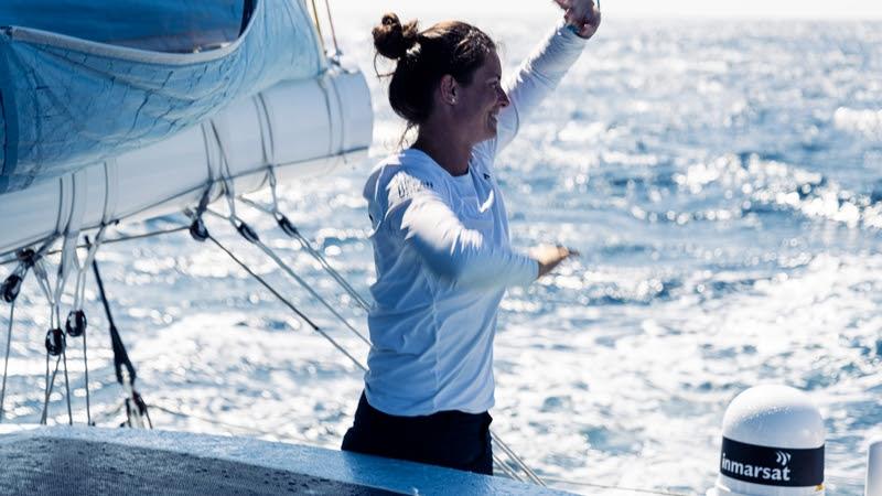 The Ocean Race 2022-23 - 21 June 2023, Leg 7, Day 6 onboard Biotherm. Mariana Lobato waving to his family who came on a rub from Cascais to welcome us on the way photo copyright Anne Beauge / Biotherm / The Ocean Race taken at  and featuring the IMOCA class
