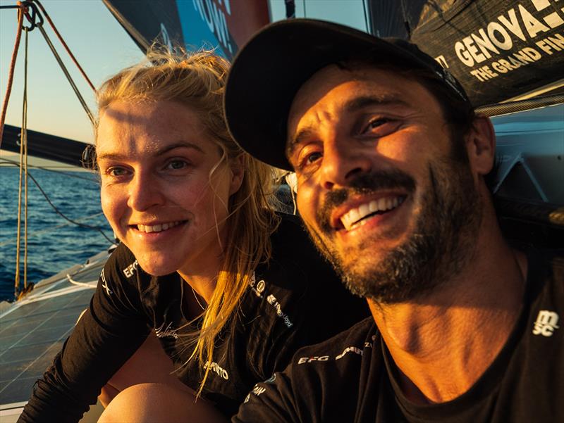 Co-skipper Rosalin Kuiper and onboard reporter Antoine Auriol on the deck of Malizia - Seaexplorer in Leg 7 of The Ocean Race - photo © Antoine Auriol / Team Malizia