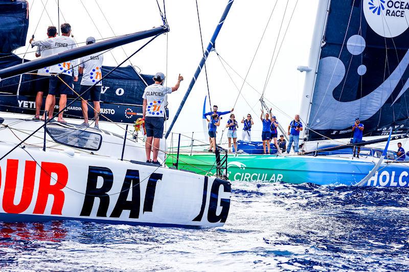 The Ocean Race 2022-23 - 29 June 2023. Team Holcim - PRB congratulate 11th Hour Racing Team, winners of The Ocean Race 2022-23 photo copyright Sailing Energy / The Ocean Race  taken at  and featuring the IMOCA class