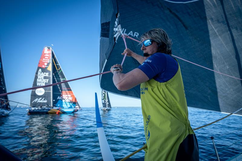 The Ocean Race 2022-23 - 8 June 2023, Leg 6 Start Day onboard Team Holcim - PRB. Abby Ehler assists the unfurl and trim of the J0 on the start line of Leg 6 - photo © Georgia Schofield | polaRYSE / Holcim - PRB / The Ocean Race