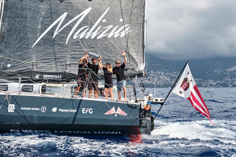 Team Malizia and the third place trophy of The Ocean Race as they arrived in Monaco yesterday - photo © Mesi / Yacht Club de Monaco / Team Malizia