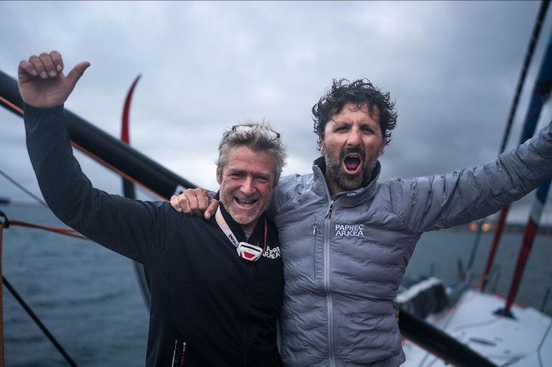 Yoann Richomme and Yann Eliès on Paprec Arkéa finish the 50th Rolex Fastnet Race photo copyright Théo Dolivet-David / polaRYSE / Paprec Arkéa taken at Royal Ocean Racing Club and featuring the IMOCA class