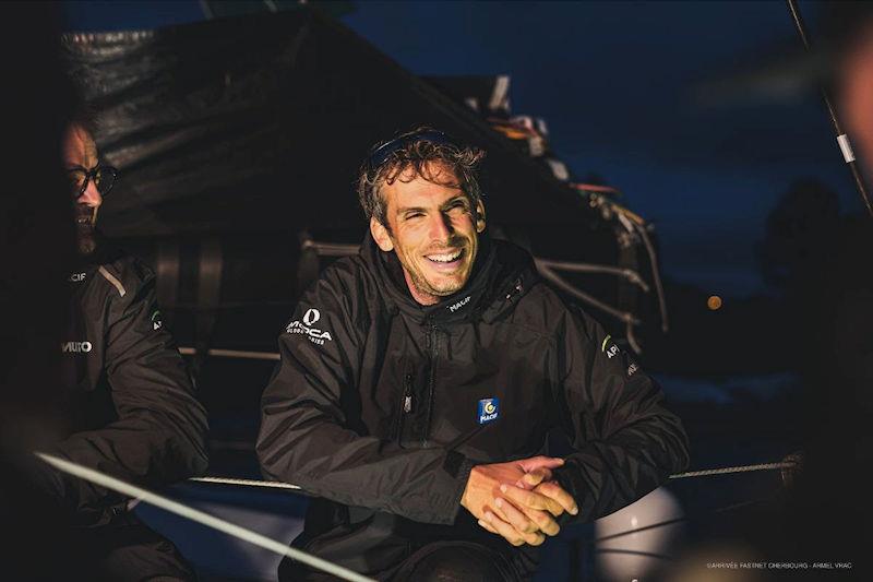 Charlie Dalin after finishing the the 50th Rolex Fastnet Race photo copyright Armel Vrac / Arrivée Fastnet Cherbourg taken at Royal Ocean Racing Club and featuring the IMOCA class