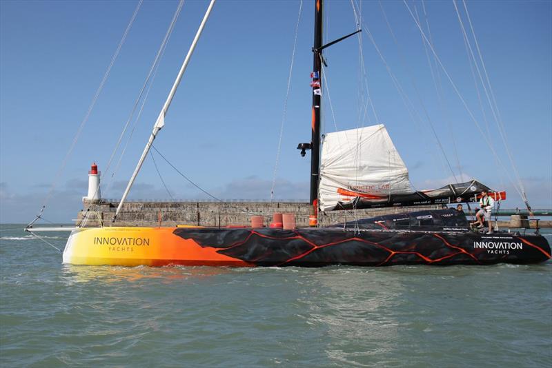 Skipper Norbert Sedlacek leaving the channel from Les Sables d'Olonne on his Open60AAL photo copyright Innovation Yachts / Siegfried Becker taken at  and featuring the IMOCA class