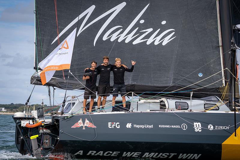 From left to right: Onboard reporter Antoine Auriol, Boris Herrmann, and Will Harris after crossing the finish line in seventh place - photo © Marie Lefloch / Team Malizia