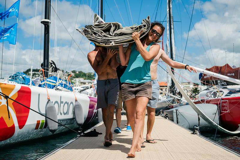 Skippers and crew members are working on the boats during pre-start of the solo sailing race Retour à La Base, in Fort de France, Martinique, on November 25 photo copyright Jean-Louis Carli / Alea / Retour à La Base taken at  and featuring the IMOCA class
