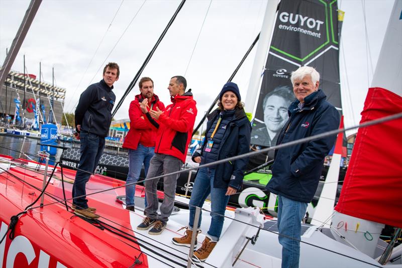 Visit to an IMOCA to the village of the Transat Jacques Vabre 2023 From left to right: Tom Dolan, Jean-Philippe Guérin, Laurent Bourguès, Emilie Luyckx, Gerry Jones - photo © Tom Dolan