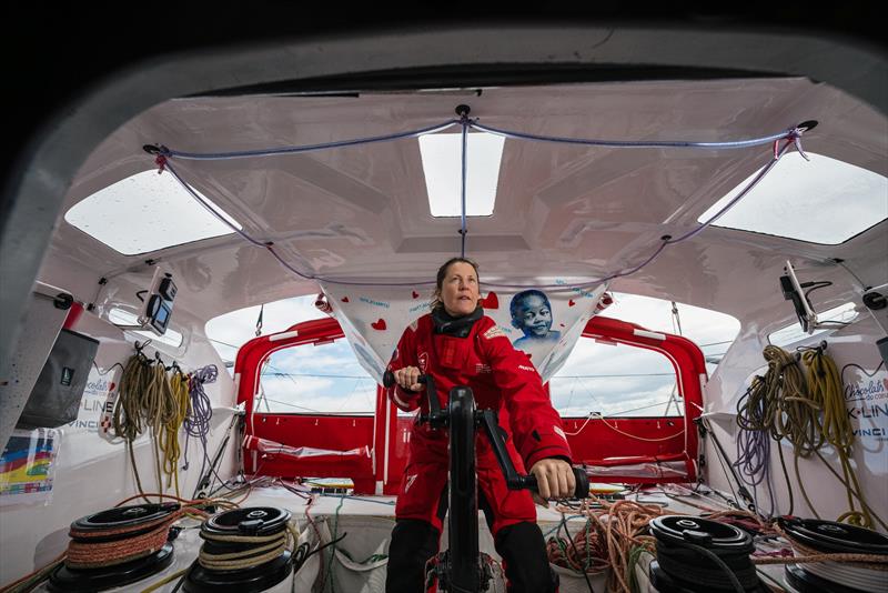 British skipper Sam Davies on Imoca Initiatives Coeur is pictured during training, on April 17, off Lorient, France photo copyright Jean-Louis Carli taken at  and featuring the IMOCA class