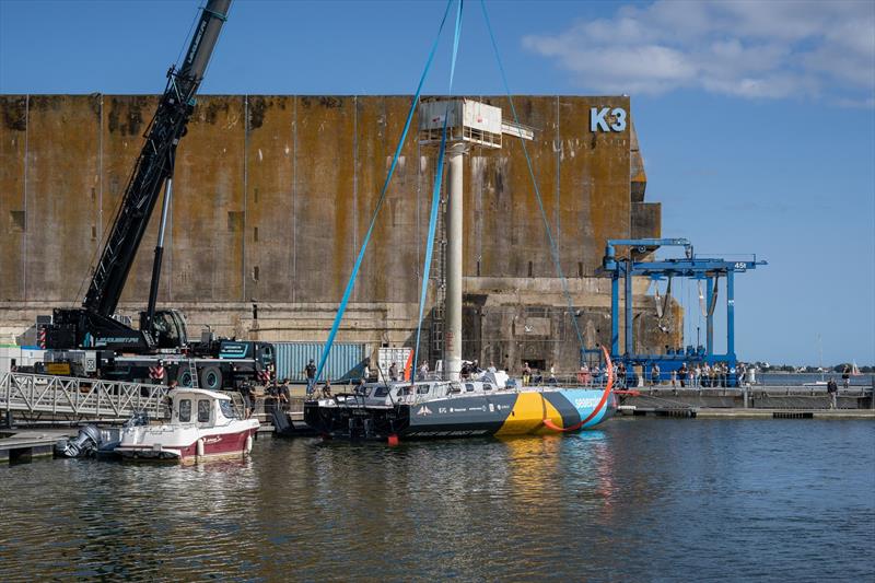 Boat is in the water, foils are in, next up is the mast - photo © Marie Lefloch / Team Malizia