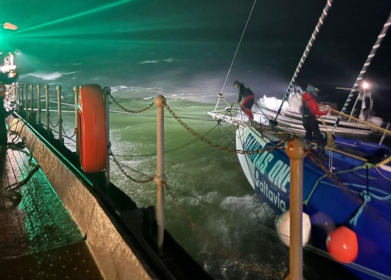 Photo of the boat STAND AS ONE - Altavia skipper Eric Bellion (FRA), arriving in Port Stanley, Falkland Islands, after retiring from the Vendée Globe sailing race, on January 12, 2025 photo copyright Team STAND AS ONE - Altavia taken at  and featuring the IMOCA class