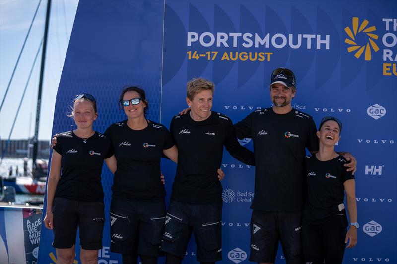The Malizia crew (l-r) Flore Hartout (OBR), Justine Mettraux, Will Harris, Boris Herrmann and Cole Brauer after Leg 1 of The Ocean Race Europe 2025 - photo © Marie Lefloch / Team Malizia