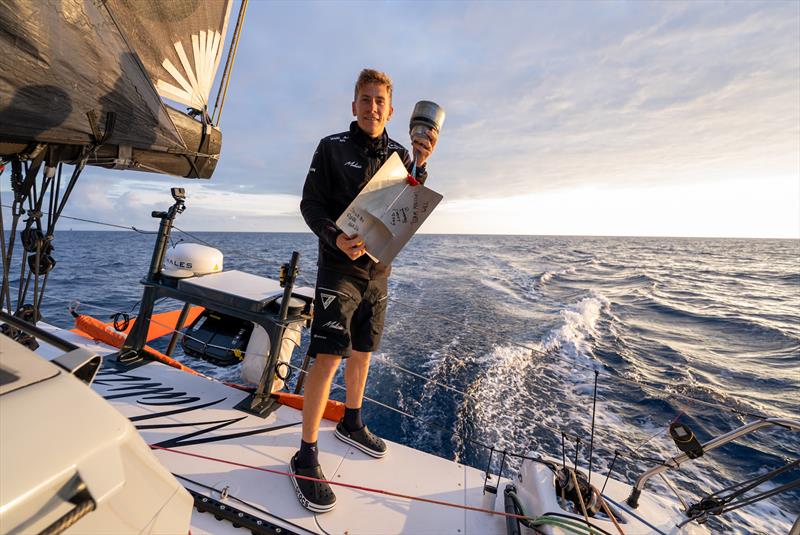 Skipper Will Harris before deploying the prototype drifter buoy in the Bay of Biscay yesterday - photo © Flore Hartout | Team Malizia
