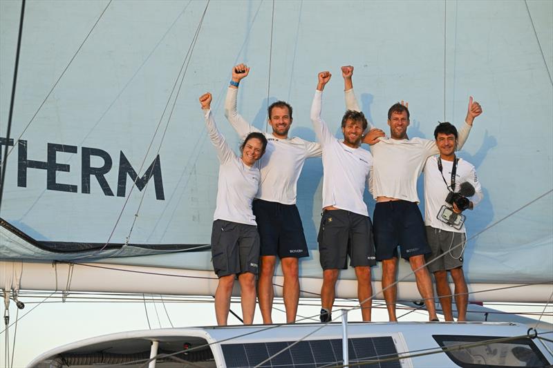 Biotherm, skippered by Paul Meilhat with team mates Benjamin Ferre, Amelie Grassi, Sam Goodchild and OBR Gauthier Lebec cross The Ocean Race Europe 2025 Leg 3 line in 1st place at 05:12:14 UTC - photo © Vincent Curutchet / The Ocean Race Europe