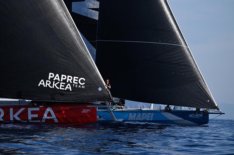 Team Paprec Arkea, skippered by Yoann Richomme, and Allagrande Mapei Racing, skippered by Ambrogio Beccaria, during Leg 5 of The Ocean Race Europe in Genova, Italy on September 07 - photo © Jean-Louis Carli / The Ocean Race Europe 2025
