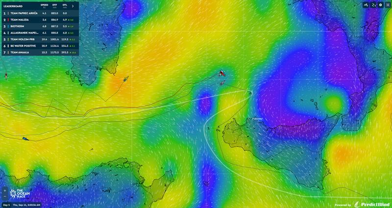Paprec Arkea is expected to be the first to round Ustica - Leg 5 - Day 4 - The Ocean Race - Sept 10, 2025 - photo © Predictwind.com