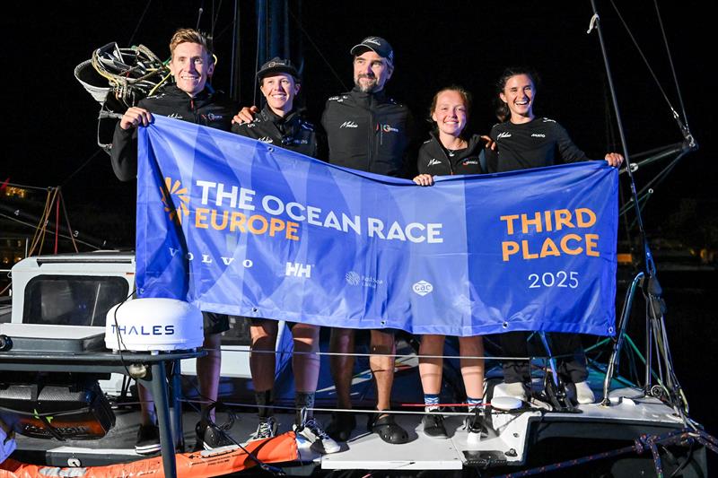 The Ocean Race Europe Leg 5 Finish - Team Malizia's Leg 5 crew from left to right: Will Harris, Francesca Clapcich, Boris Herrmann, Flore Hartout, and Cole Brauer - photo © Vincent Curutchet | The Ocean Race Europe 2025