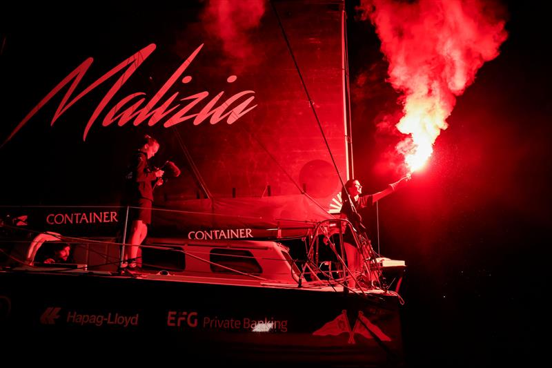 The Ocean Race Europe Leg 5 Finish - Cole Brauer, filmed by Flore Hartout, celebrating Team Malizia's third-place finish - photo © Lloyd Images | The Ocean Race Europe 2025
