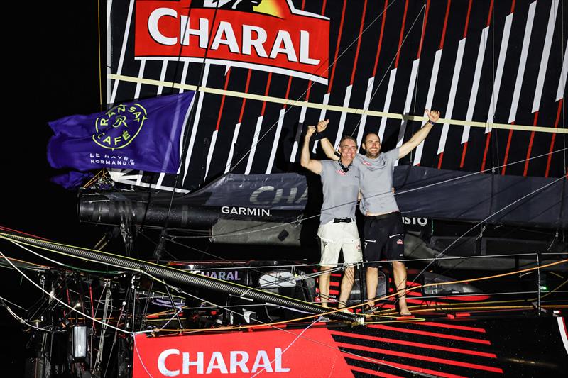Jérémie Beyou and Morgan Lagravière on Charal 2 win the IMOCA division of the Transat Café L'OR 2025 photo copyright Jean-Marie Liot / Alea taken at  and featuring the IMOCA class