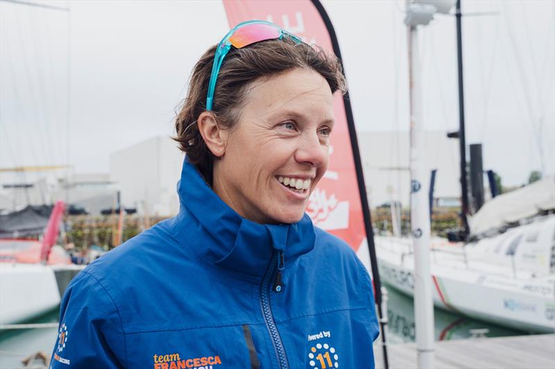 Francesca Clapcich crosses the finish line of the Vendée Arctique–Les Sables d'Olonne in fifth place photo copyright Maud Helfgott - polaRYSE  / 11th Hour Racing taken at  and featuring the IMOCA class